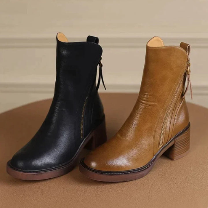 Noémie | Boots Cuir Femme Talon Bloc Bottes Hiver Fermeture Éclair