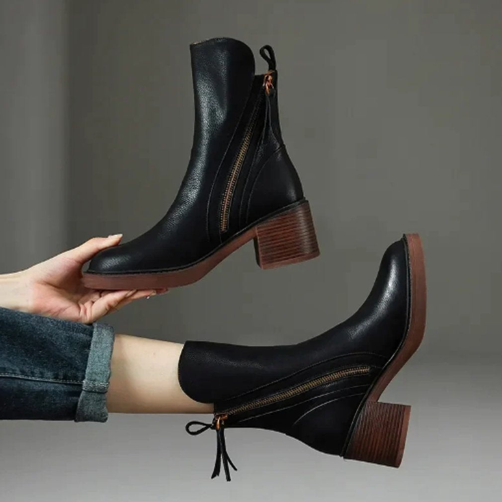 Noémie | Boots Cuir Femme Talon Bloc Bottes Hiver Fermeture Éclair