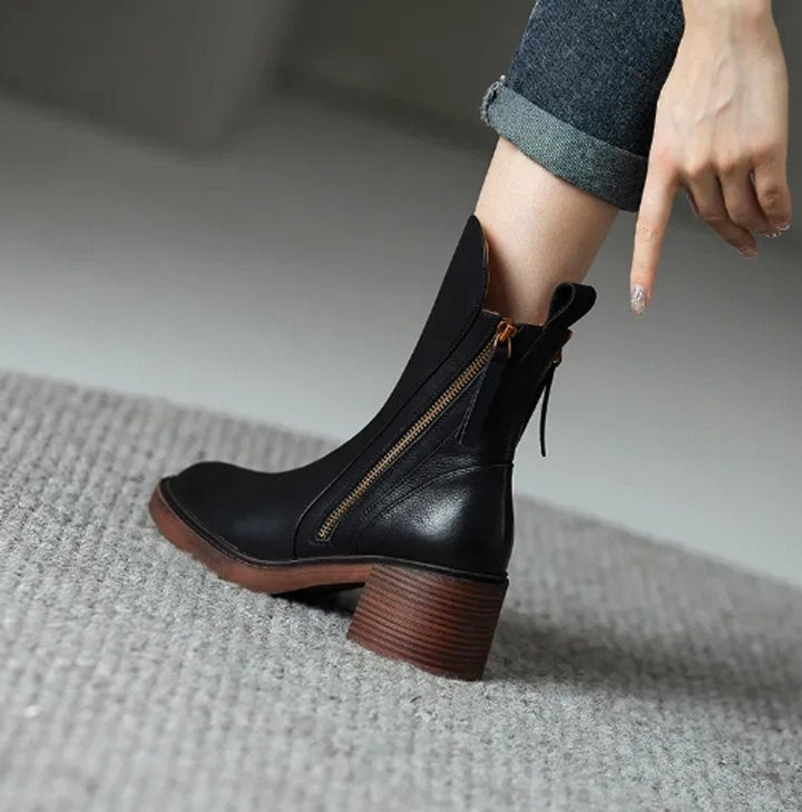 Noémie | Boots Cuir Femme Talon Bloc Bottes Hiver Fermeture Éclair