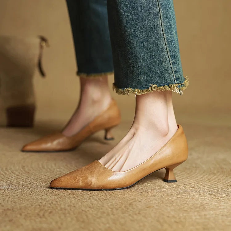 Noémie | Escarpins en Cuir Véritable Femme Bout Pointu Talon Kitten