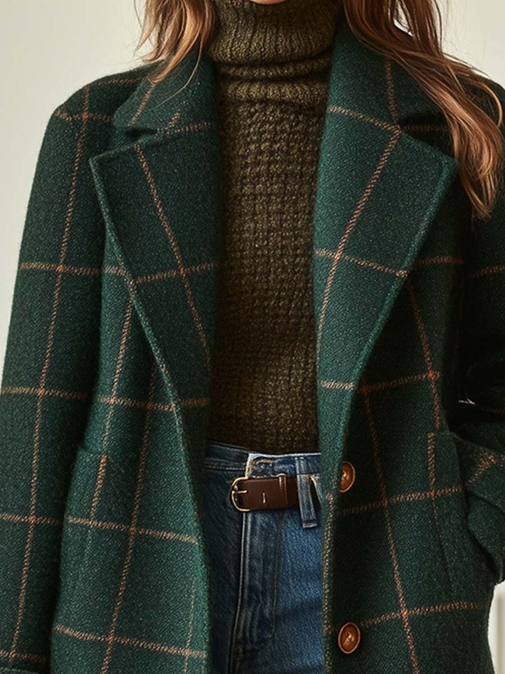 Noémie | Manteau en Laine à Carreaux Femme Mi-Long Col Cranté