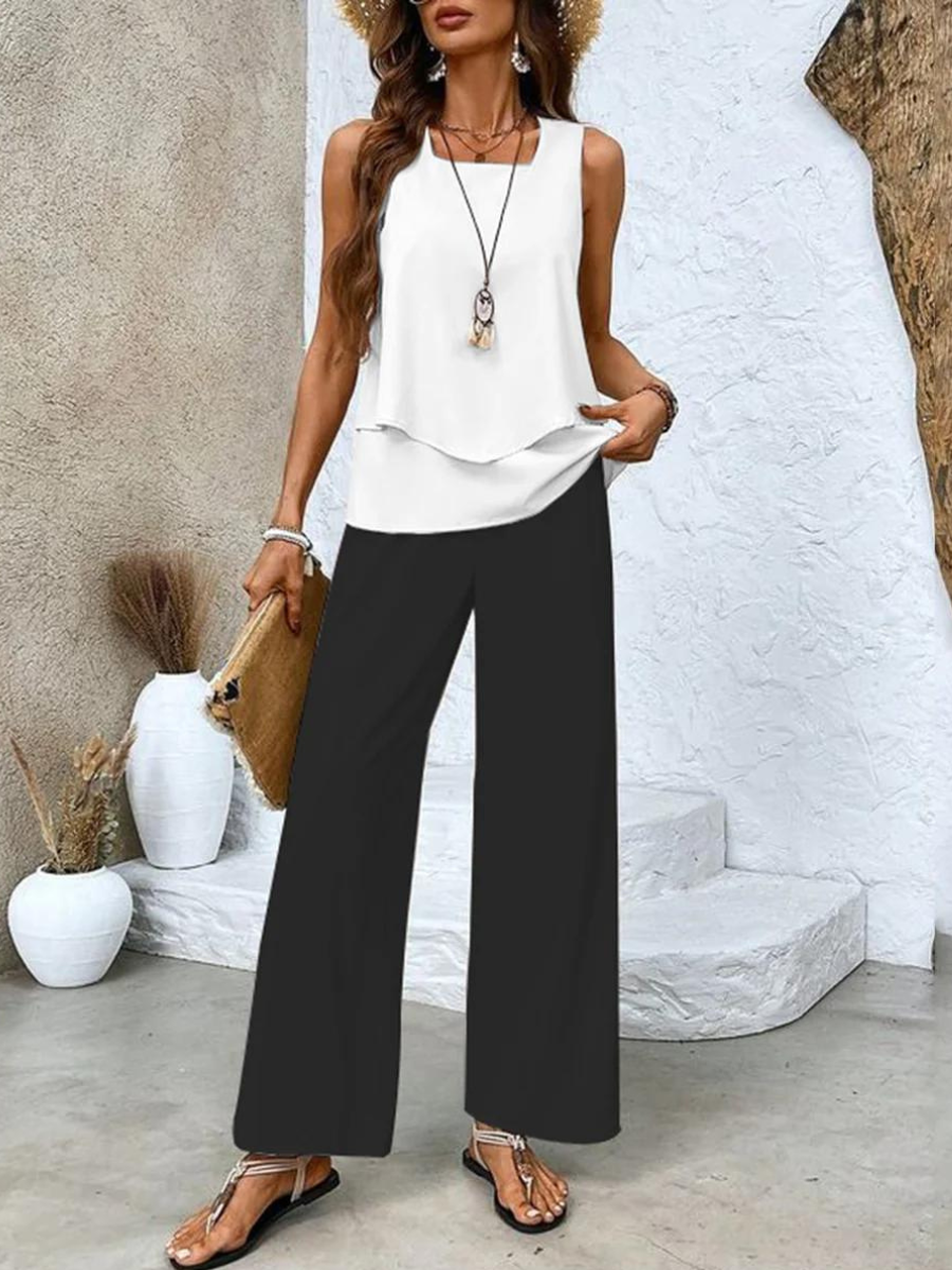 Océane | Ensemble Deux Pièces Femme Haut Superposé Pantalon Large Imprimé