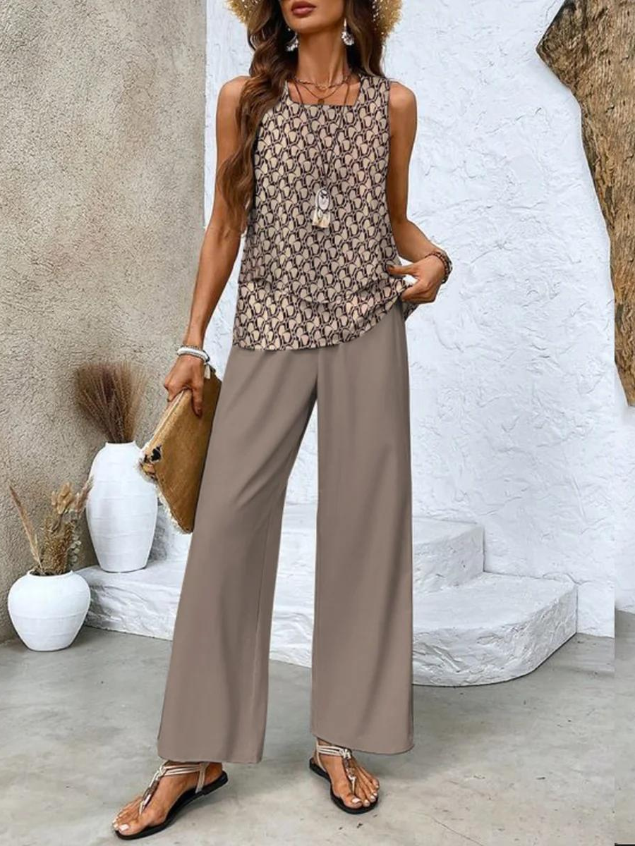 Océane | Ensemble Deux Pièces Femme Haut Superposé Pantalon Large Imprimé