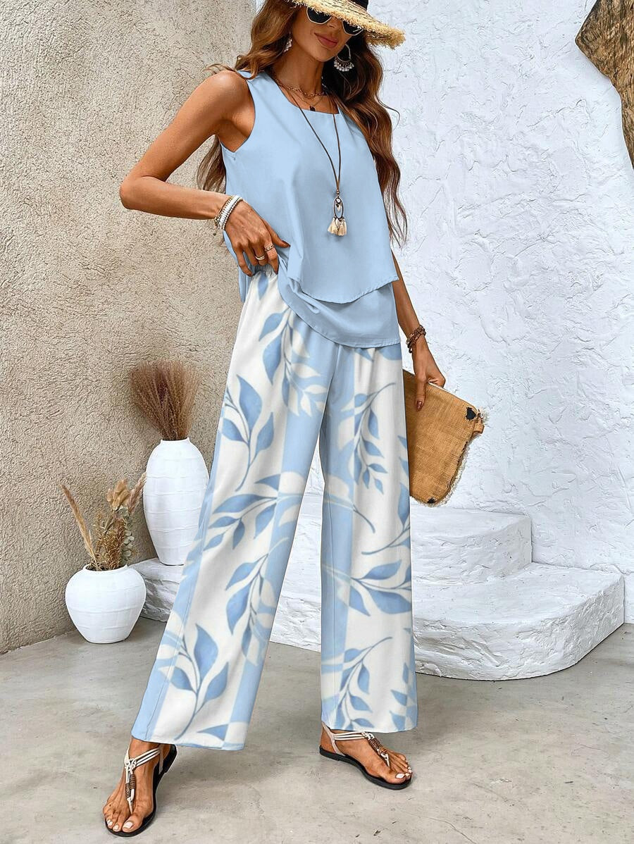 Océane | Ensemble Deux Pièces Femme Haut Superposé Pantalon Large Imprimé