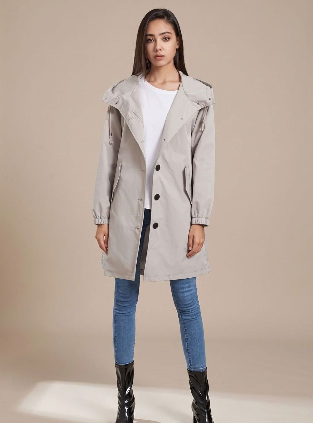 Océane | Manteau à Capuche Femme Long Imperméable Boutons