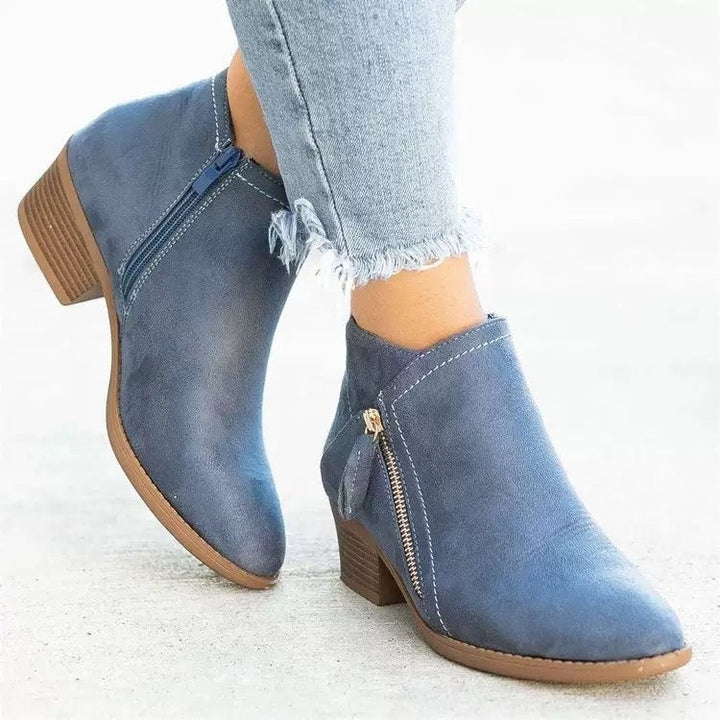 Pauline | Bottine en Daim à Talon Carré Femme Zip Latéral