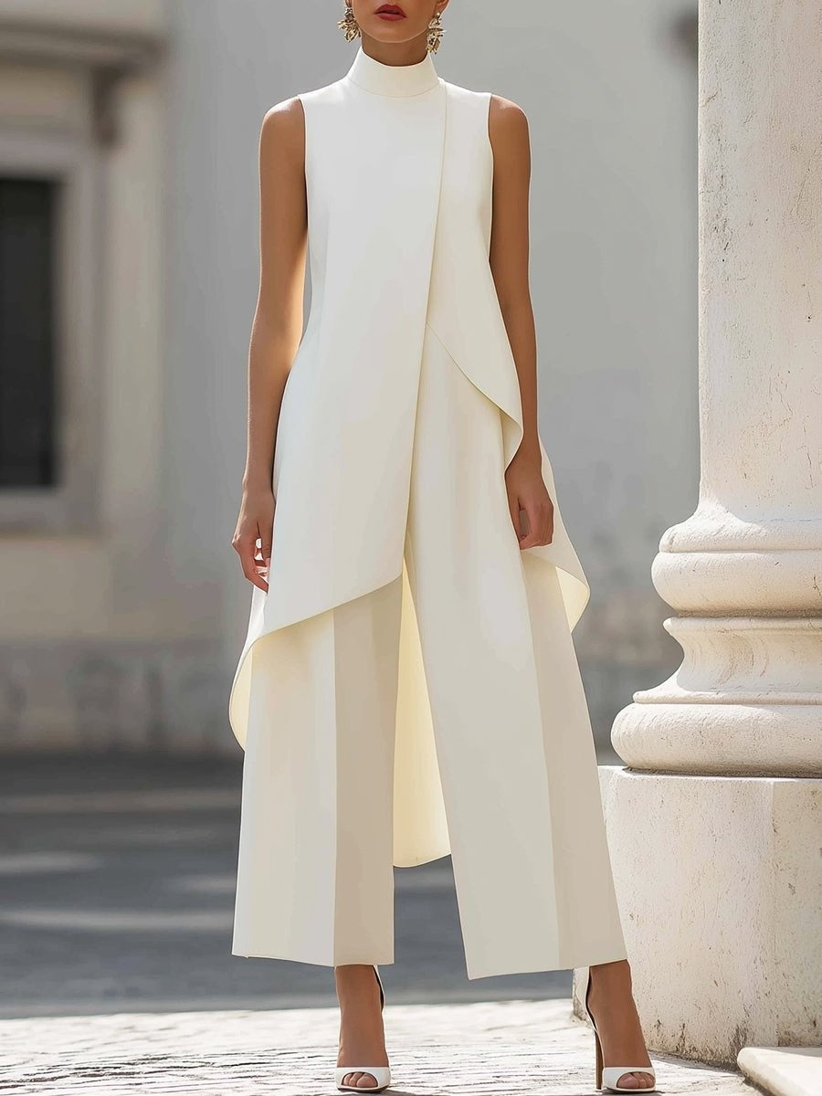 Pauline | Ensemble Col Montant Asymétrique Femme Pantalon Large