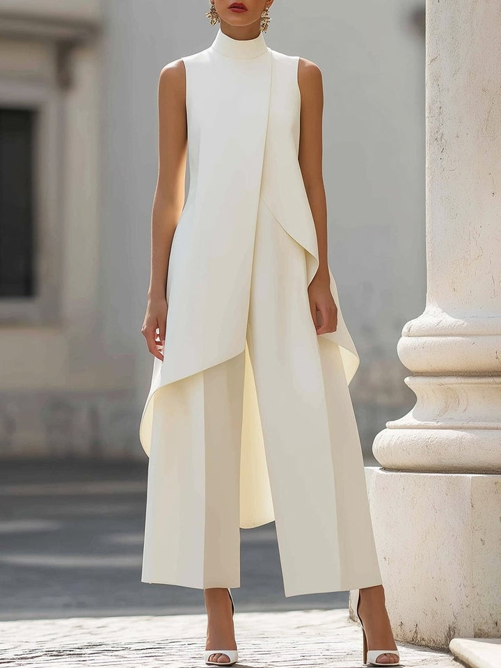 Pauline | Ensemble Col Montant Asymétrique Femme Pantalon Large
