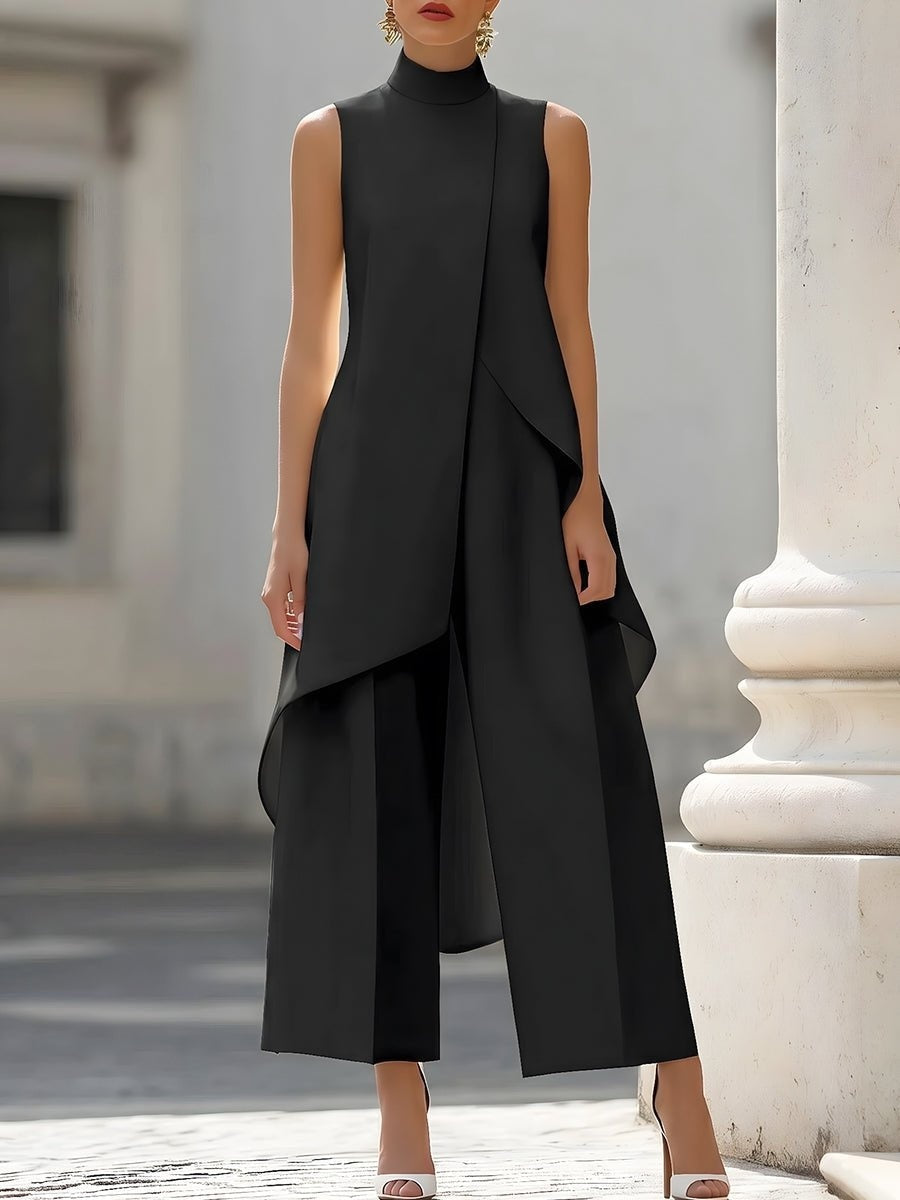 Pauline | Ensemble Col Montant Asymétrique Femme Pantalon Large
