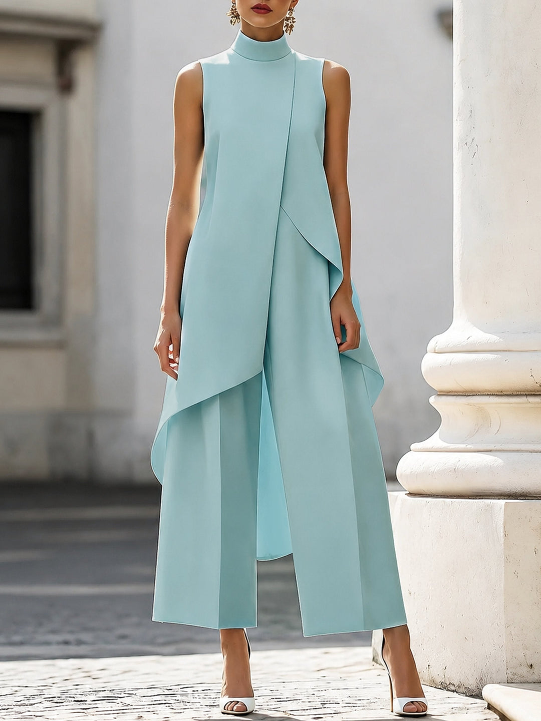 Pauline | Ensemble Col Montant Asymétrique Femme Pantalon Large