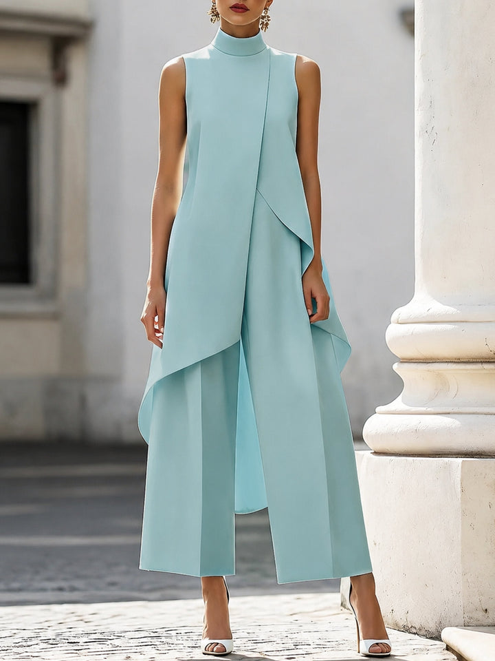 Pauline | Ensemble Col Montant Asymétrique Femme Pantalon Large