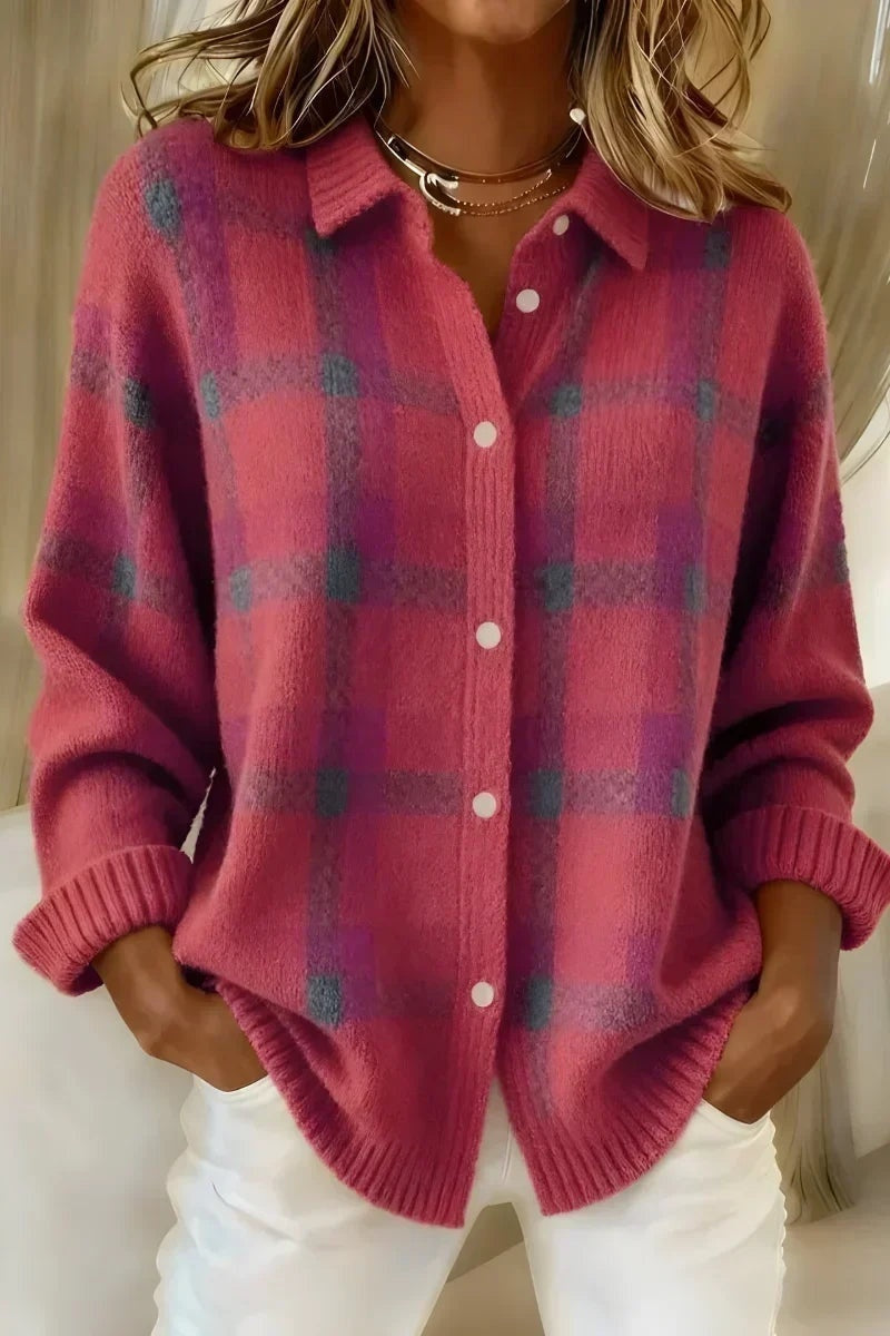 Pauline | Gilet Grosse Maille Femme à Carreaux Oversize Boutons
