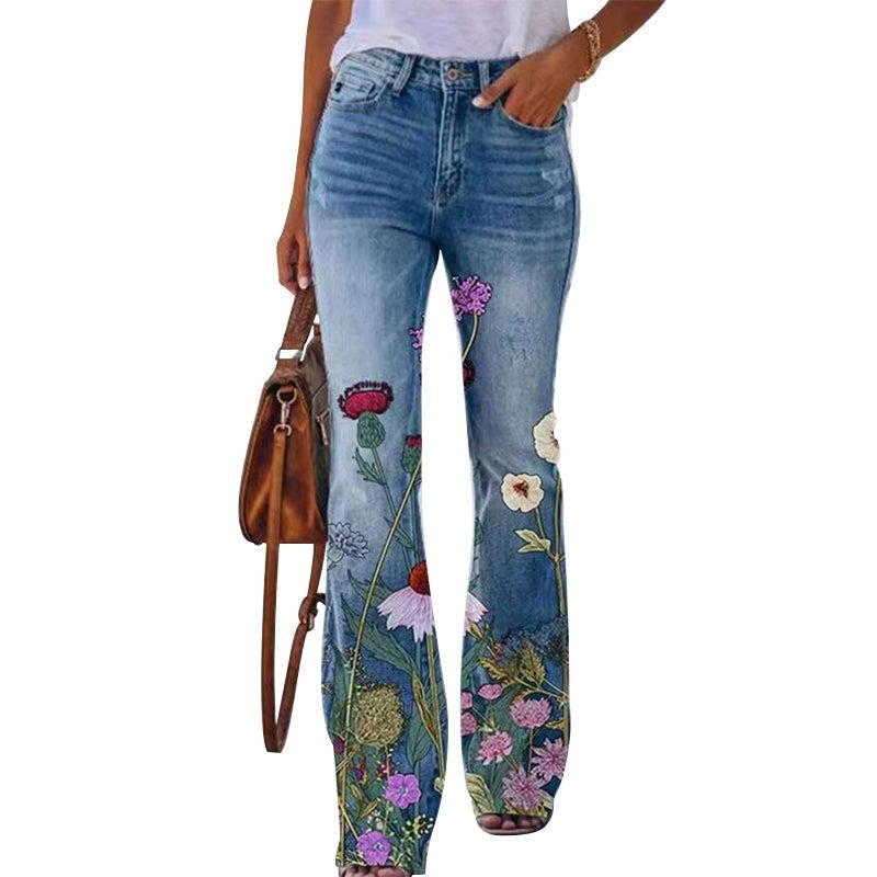 Pauline | Jean Taille Haute Femme Évasé Imprimé Floral