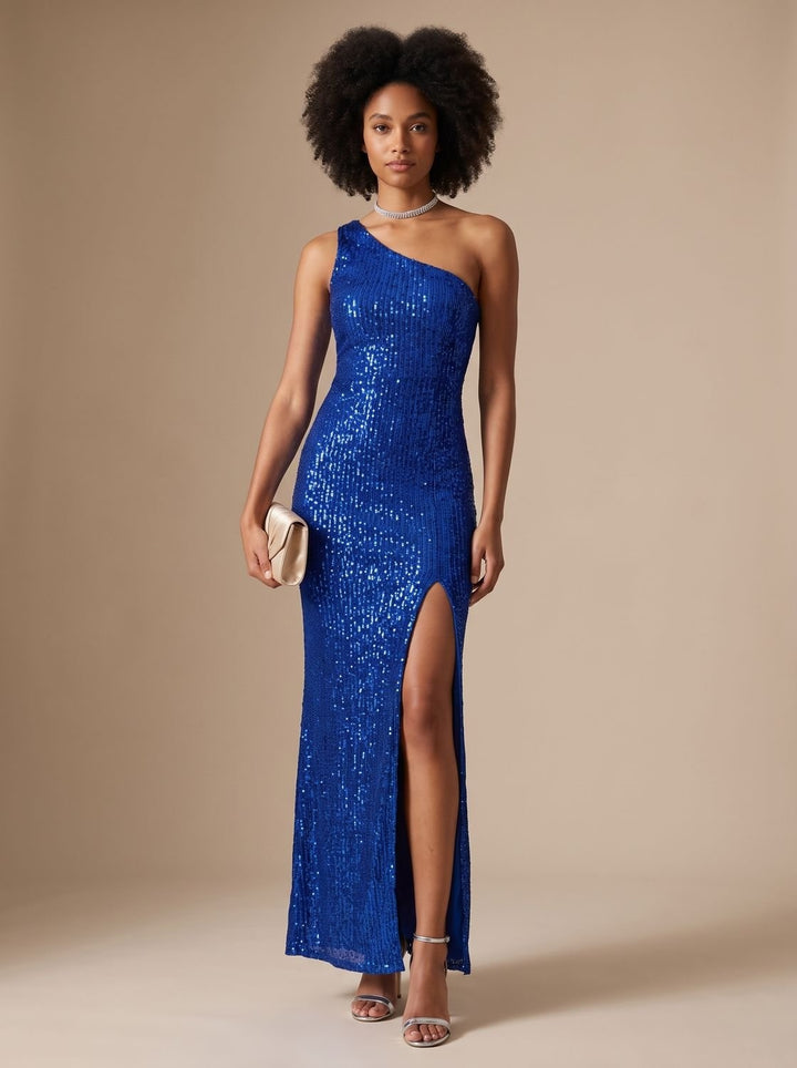 Salomé | Robe Longue à Paillettes Femme Épaule Asymétrique Fente Haute