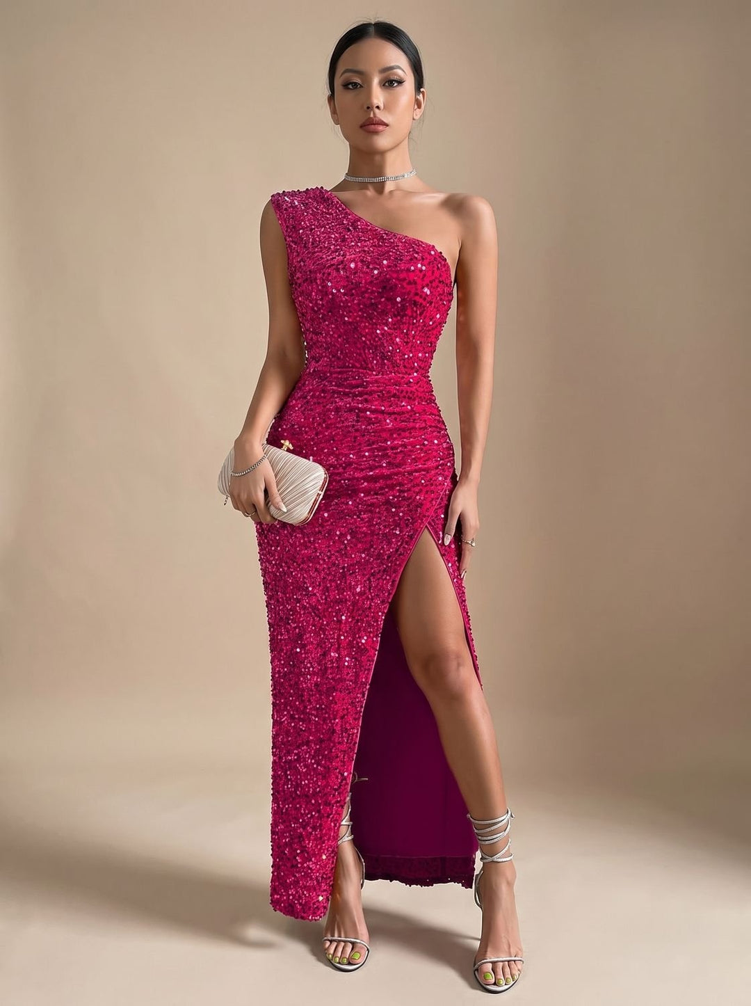 Salomé | Robe Longue à Paillettes Femme Épaule Asymétrique Fente Haute