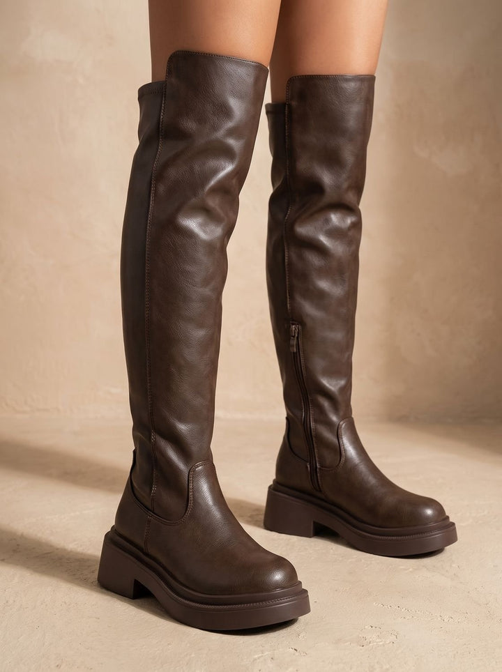 Sophie | Bottes Hiver Femme Plates Cuir Synthétique Tige Haute Fermeture Éclair
