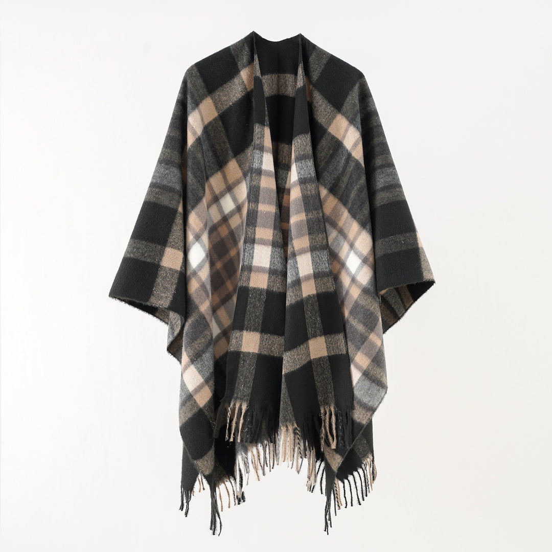 Sophie | Poncho Cape en Laine à Carreaux Femme Oversize Franges