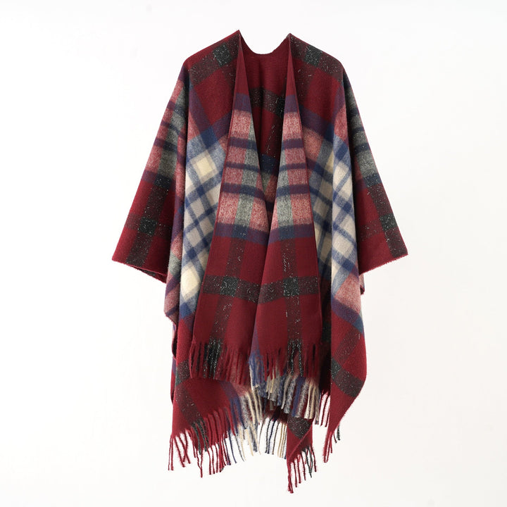 Sophie | Poncho Cape en Laine à Carreaux Femme Oversize Franges