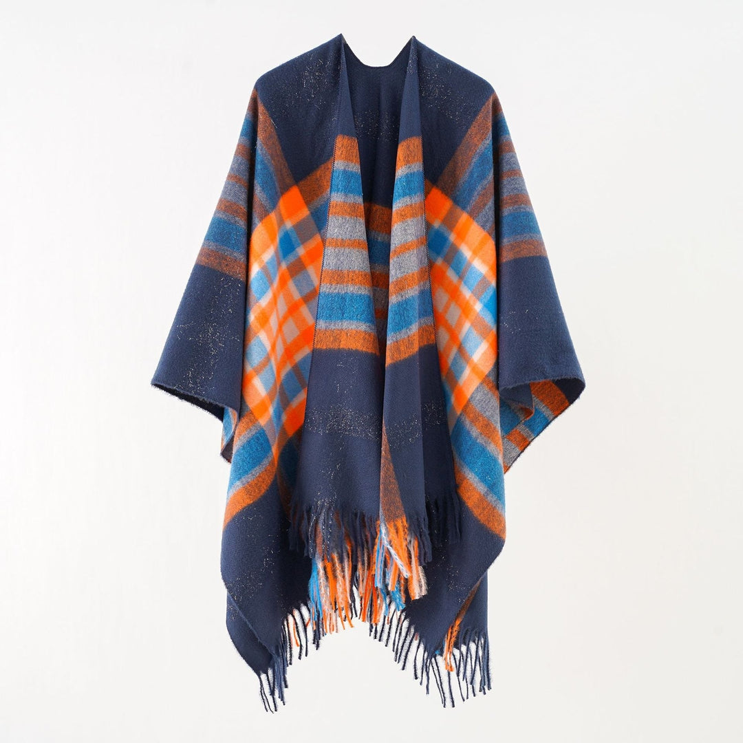 Sophie | Poncho Cape en Laine à Carreaux Femme Oversize Franges