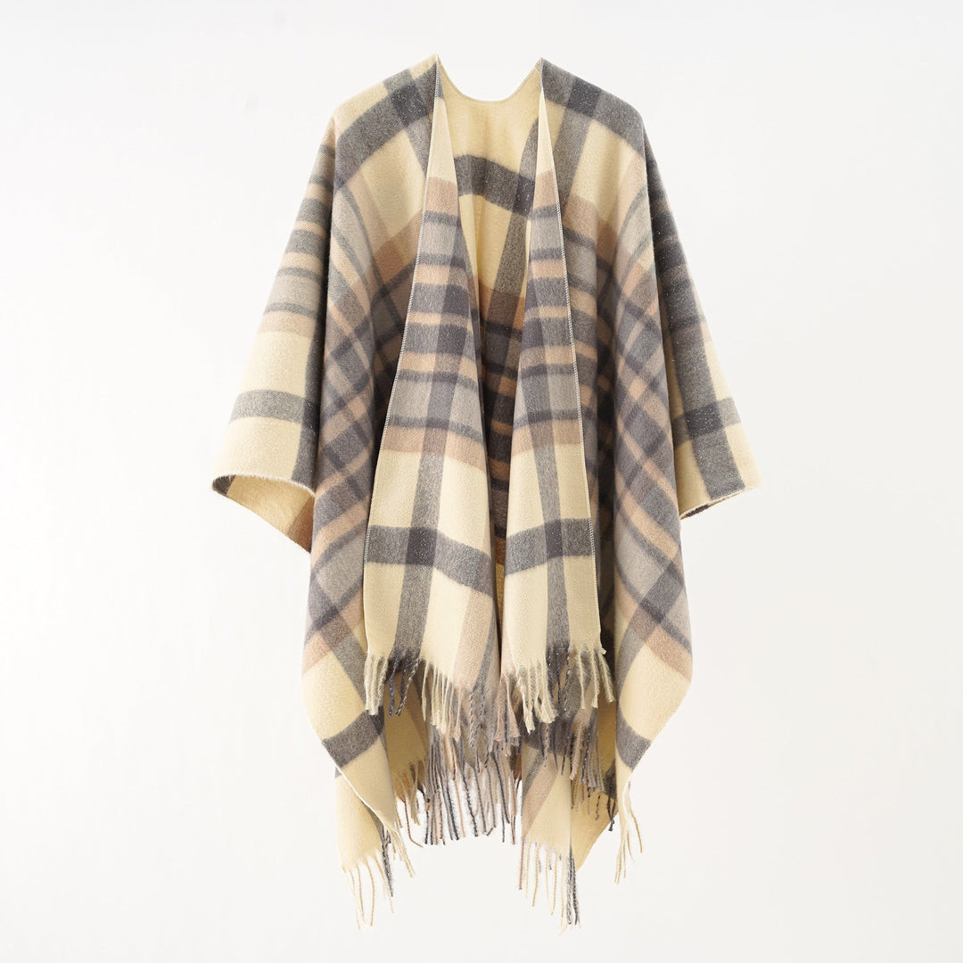 Sophie | Poncho Cape en Laine à Carreaux Femme Oversize Franges