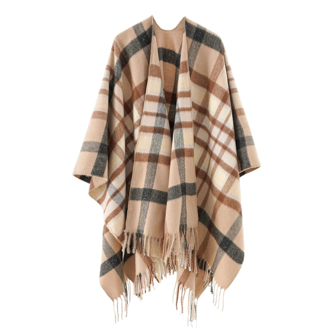 Sophie | Poncho Cape en Laine à Carreaux Femme Oversize Franges