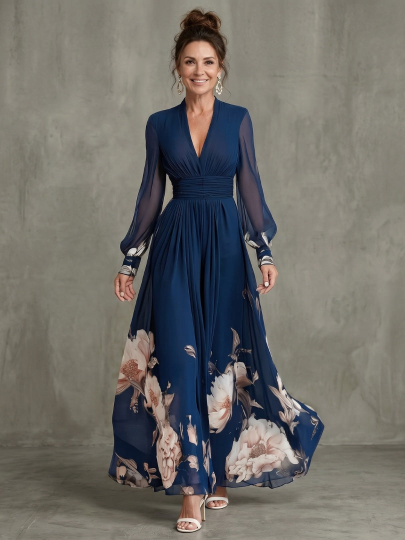 Sophie | Robe de Soirée Mariage Longue Femme Manches Transparentes Imprimé Floral