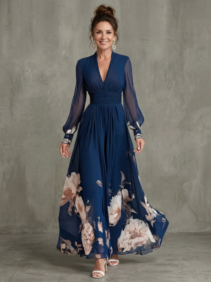 Sophie | Robe de Soirée Mariage Longue Femme Manches Transparentes Imprimé Floral
