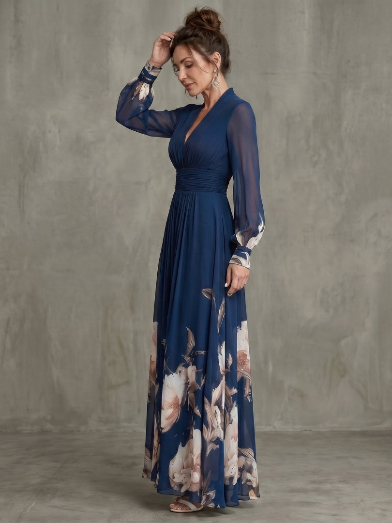 Sophie | Robe de Soirée Mariage Longue Femme Manches Transparentes Imprimé Floral