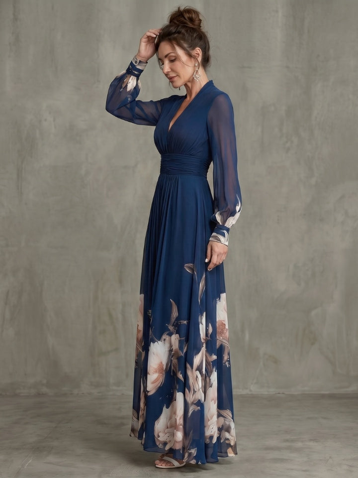 Sophie | Robe de Soirée Mariage Longue Femme Manches Transparentes Imprimé Floral