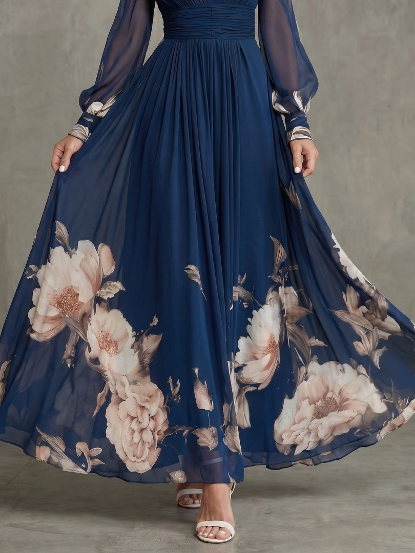 Sophie | Robe de Soirée Mariage Longue Femme Manches Transparentes Imprimé Floral