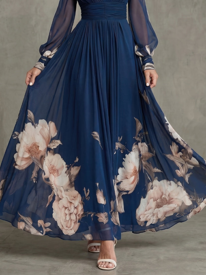 Sophie | Robe de Soirée Mariage Longue Femme Manches Transparentes Imprimé Floral