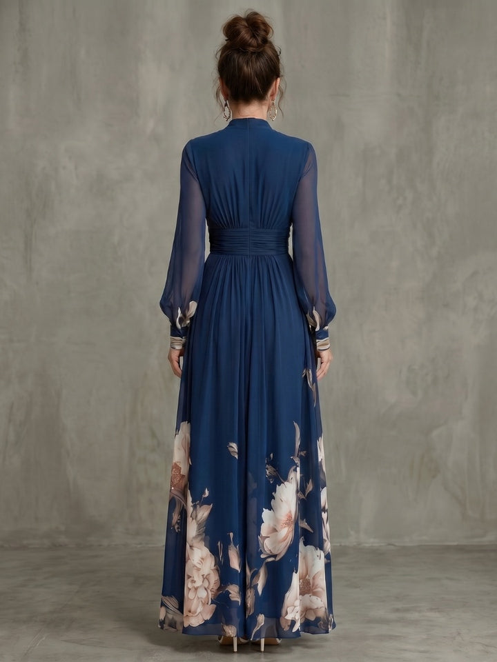 Sophie | Robe de Soirée Mariage Longue Femme Manches Transparentes Imprimé Floral