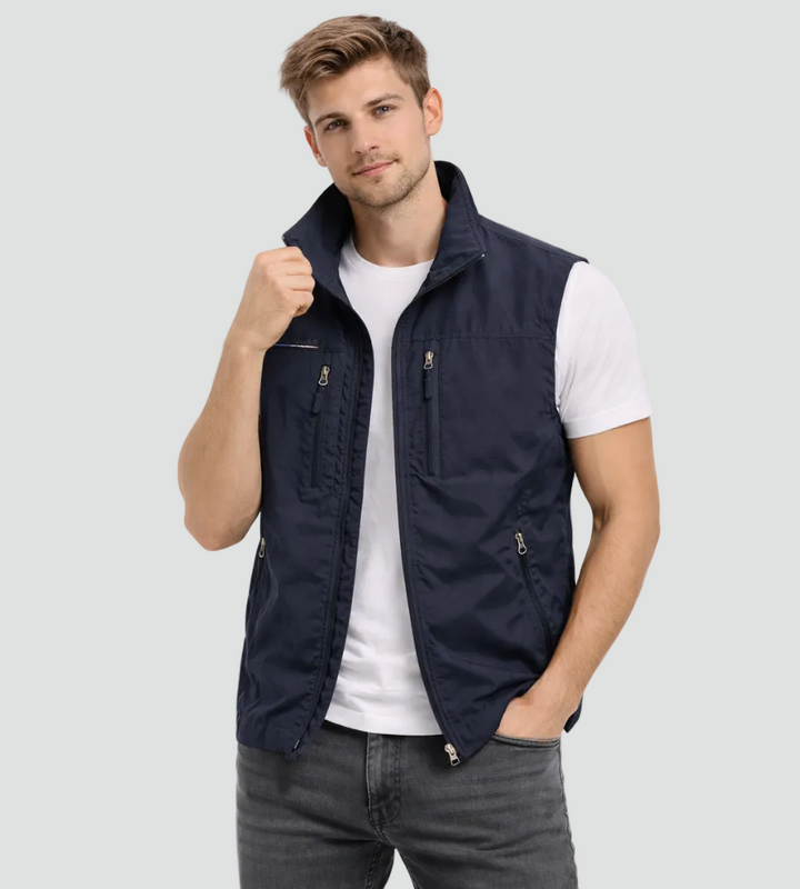 Théodore | Gilet Sans Manche Homme Multi-Poches Zippé Col Montant