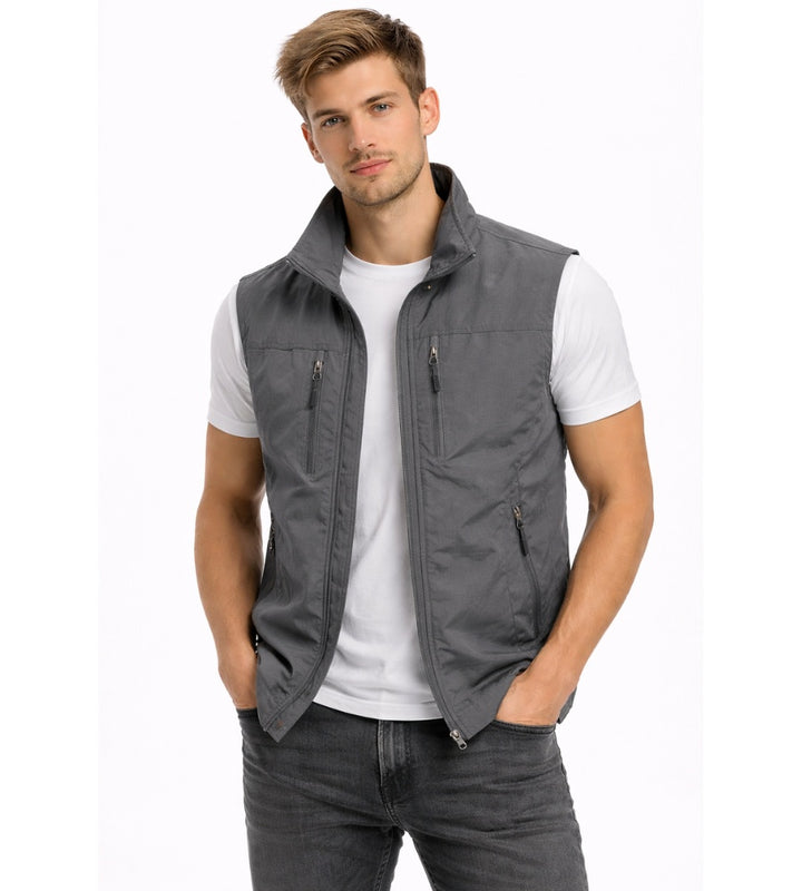Théodore | Gilet Sans Manche Homme Multi-Poches Zippé Col Montant
