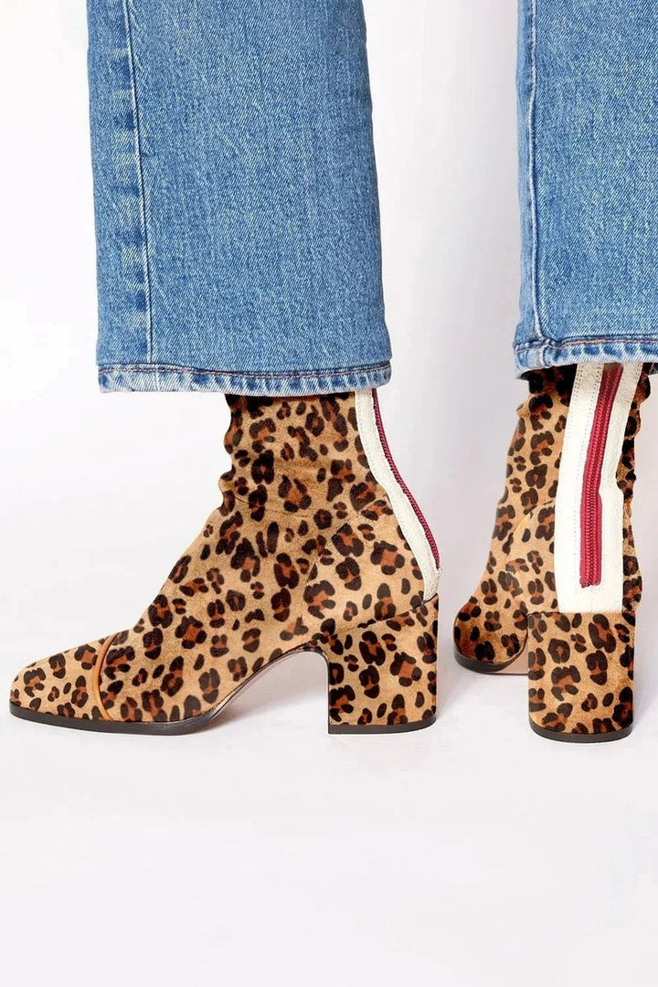 Victoire | Boots Tendance Femme Velours Talon Bloc Motif Léopard