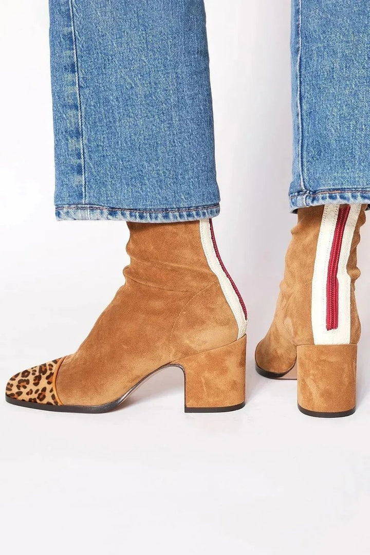 Victoire | Boots Tendance Femme Velours Talon Bloc Motif Léopard