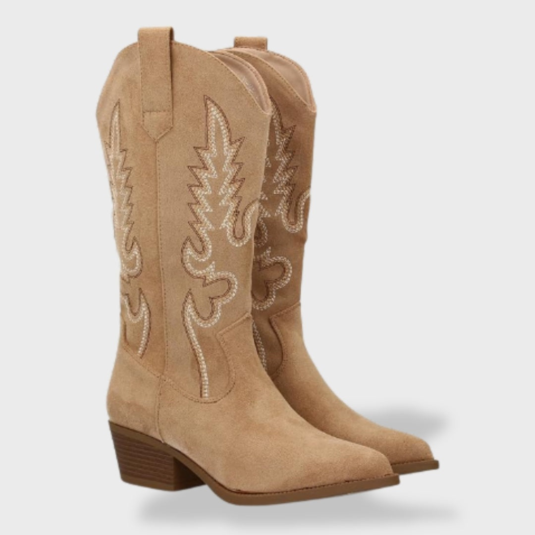Victoire | Bottes Western Femme Suède Brodées Talon Bloc