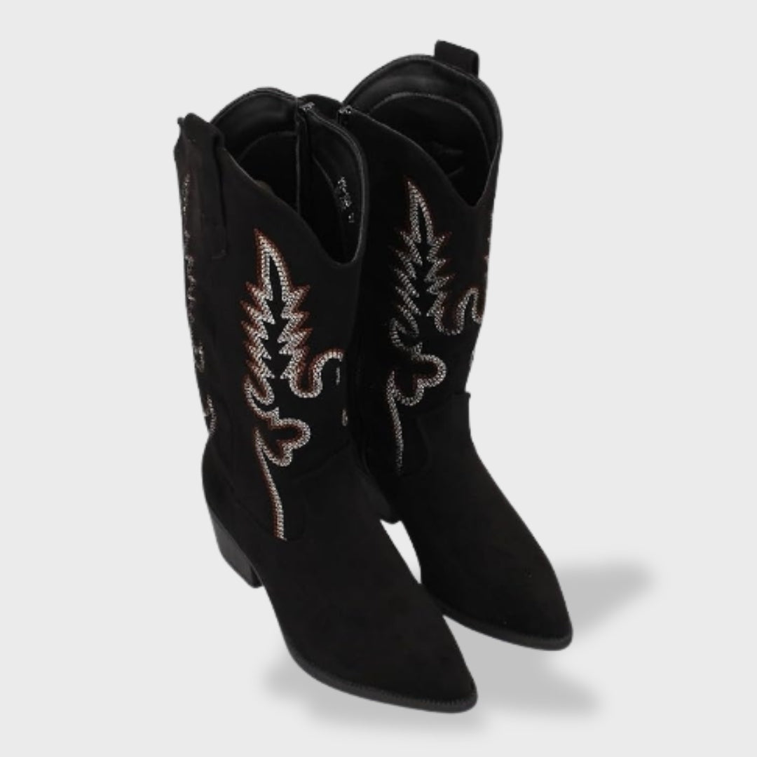 Victoire | Bottes Western Femme Suède Brodées Talon Bloc