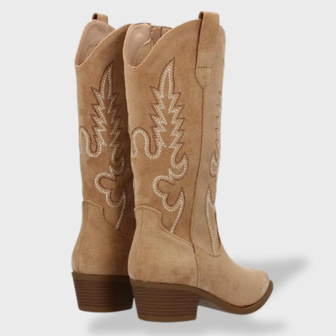 Victoire | Bottes Western Femme Suède Brodées Talon Bloc
