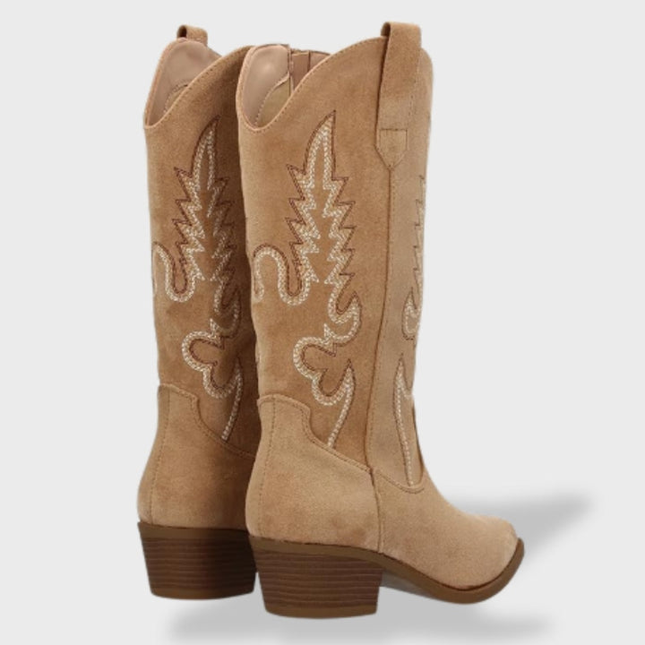 Victoire | Bottes Western Femme Suède Brodées Talon Bloc