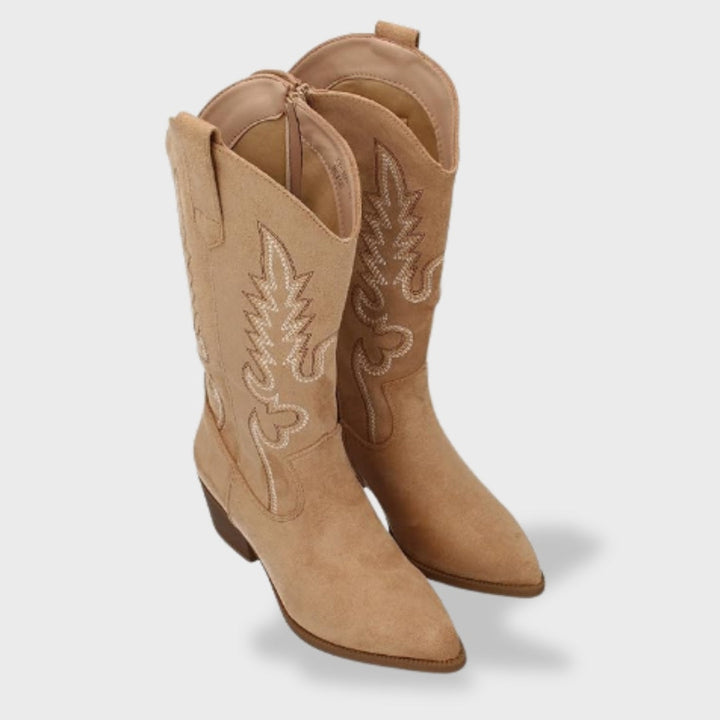 Victoire | Bottes Western Femme Suède Brodées Talon Bloc
