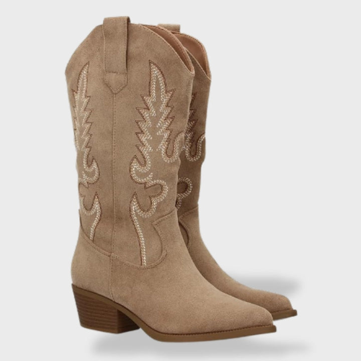 Victoire | Bottes Western Femme Suède Brodées Talon Bloc