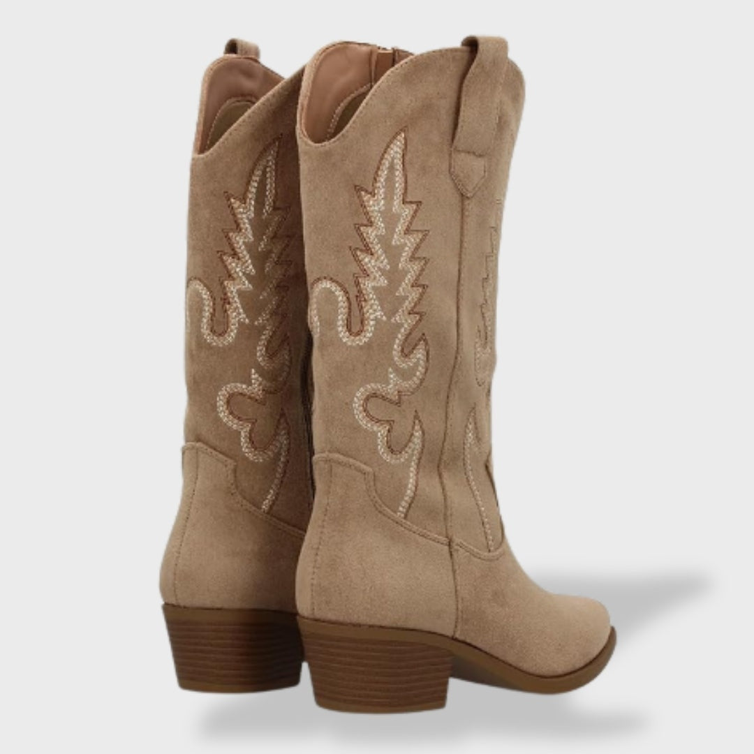 Victoire | Bottes Western Femme Suède Brodées Talon Bloc