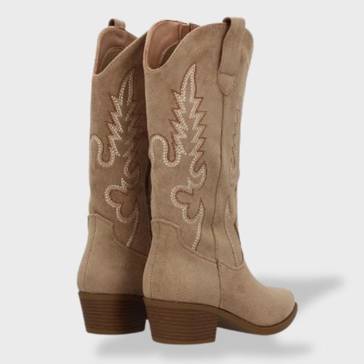 Victoire | Bottes Western Femme Suède Brodées Talon Bloc