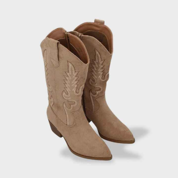 Victoire | Bottes Western Femme Suède Brodées Talon Bloc