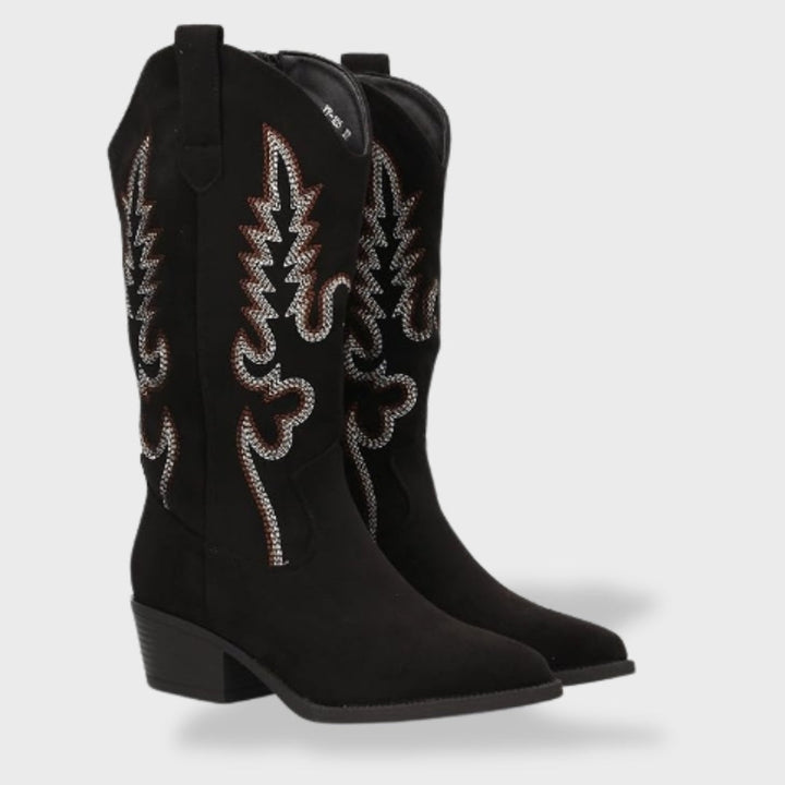 Victoire | Bottes Western Femme Suède Brodées Talon Bloc