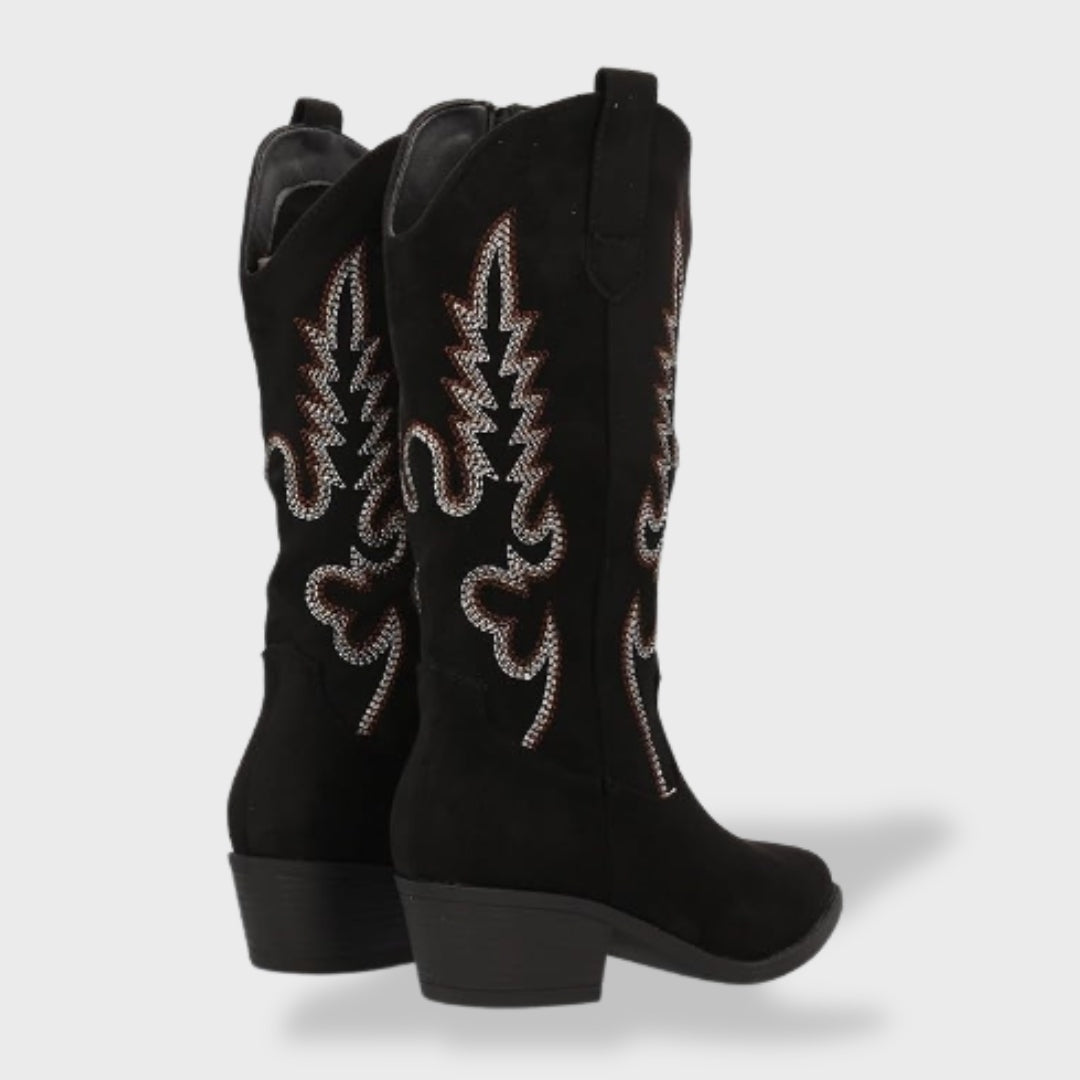 Victoire | Bottes Western Femme Suède Brodées Talon Bloc