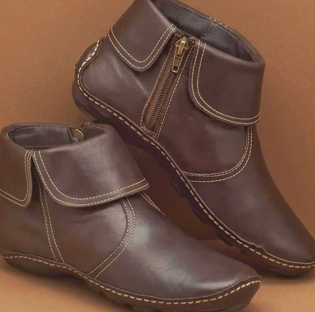 Zoé | Boots Cuir Femme Plates Vintage Velcro