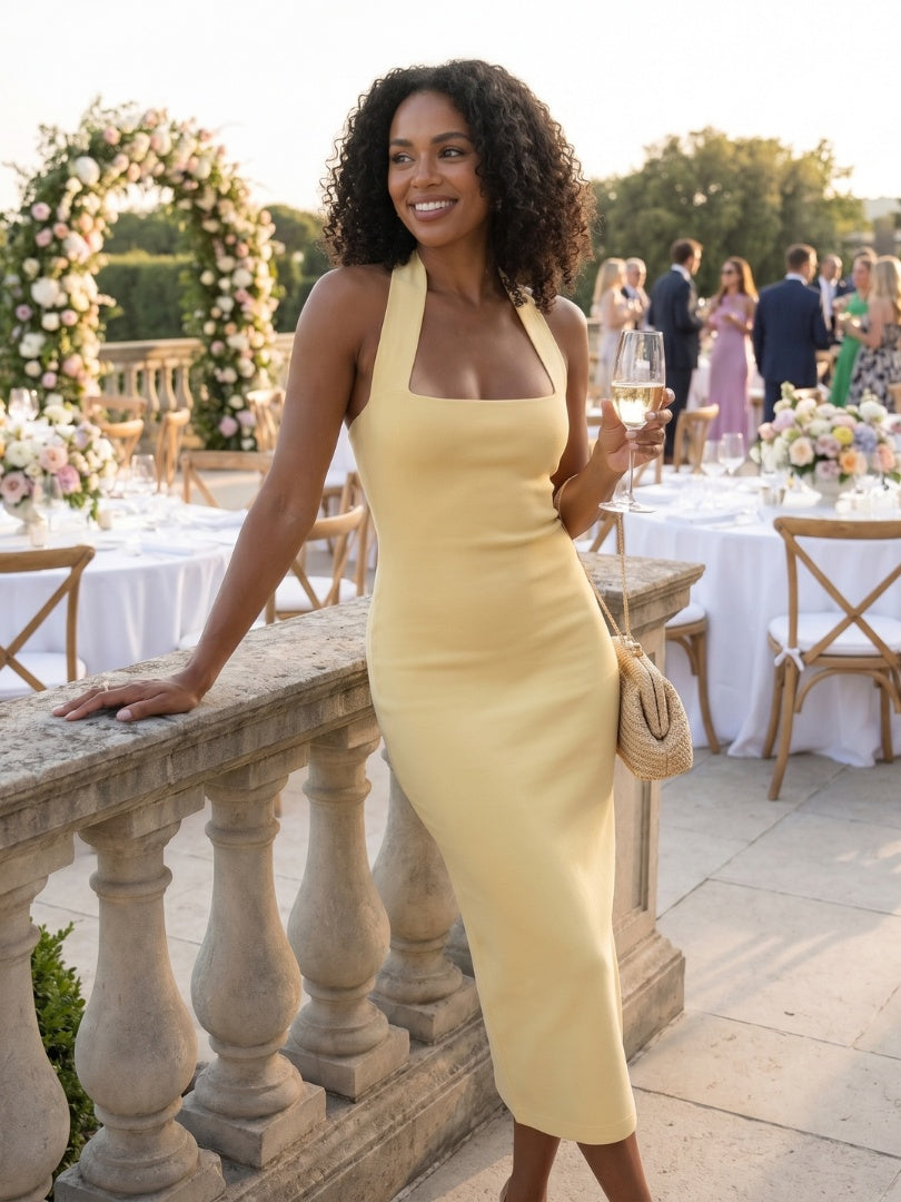Zoé | Robe Fourreau Col Halter de Soirée Mariage Femme Midi Moulante